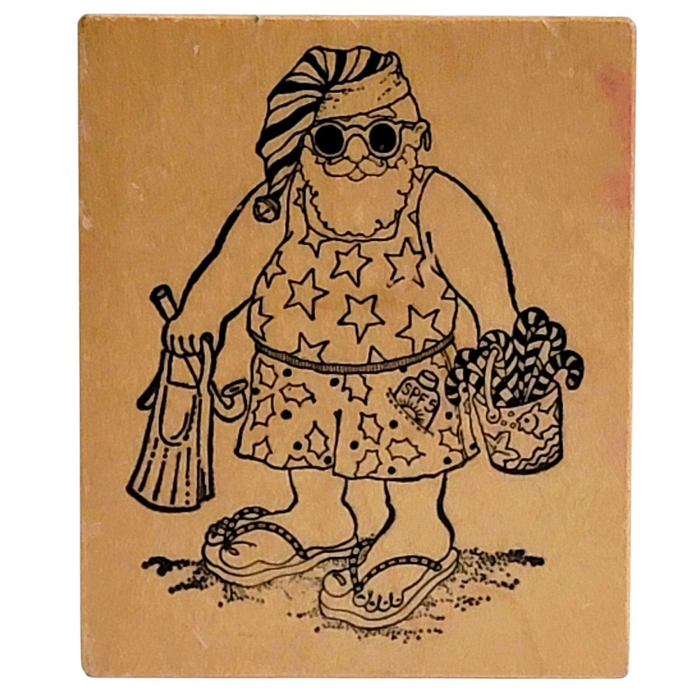 VTG 80s PSX Summer Santa‎ Rubber Stamp Christmas Beach Wood Mounted 2.25"x2.75"